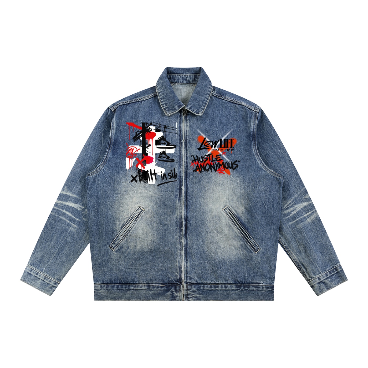 HUSTLE ANONYMOUS Vintage Wash Zip Up Denim Jacket